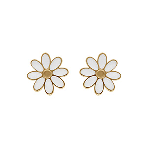 Boucles d\'oreille tige en acier doré fleur avec pétales en résine blanche - Vue 1