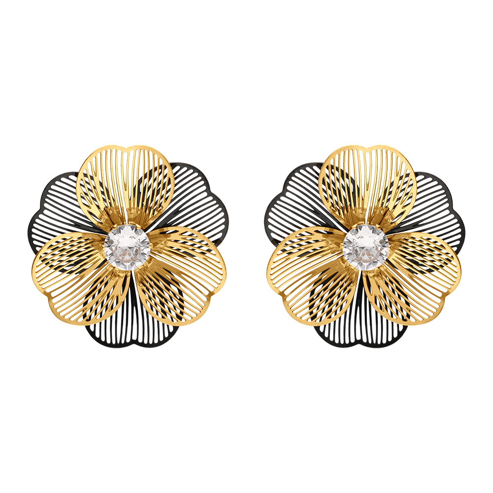 Boucles d\'oreille tige en acier dor� fleur dor�es et noires avec oxydes blancs - Vue 1