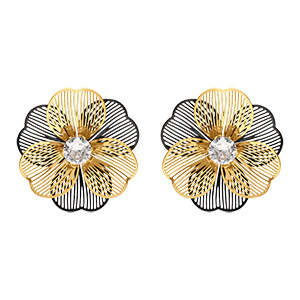 Boucles d'oreille tige en acier dor� fleur dor�es et noires avec oxydes blancs