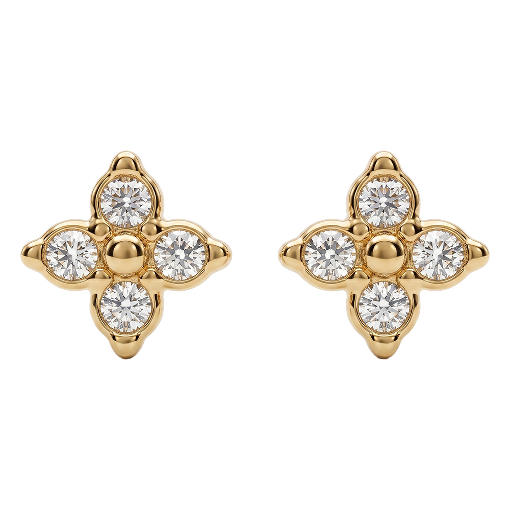 Boucles d\'oreille tige en acier dor� fleur quatre oxydes blancs - Vue 1