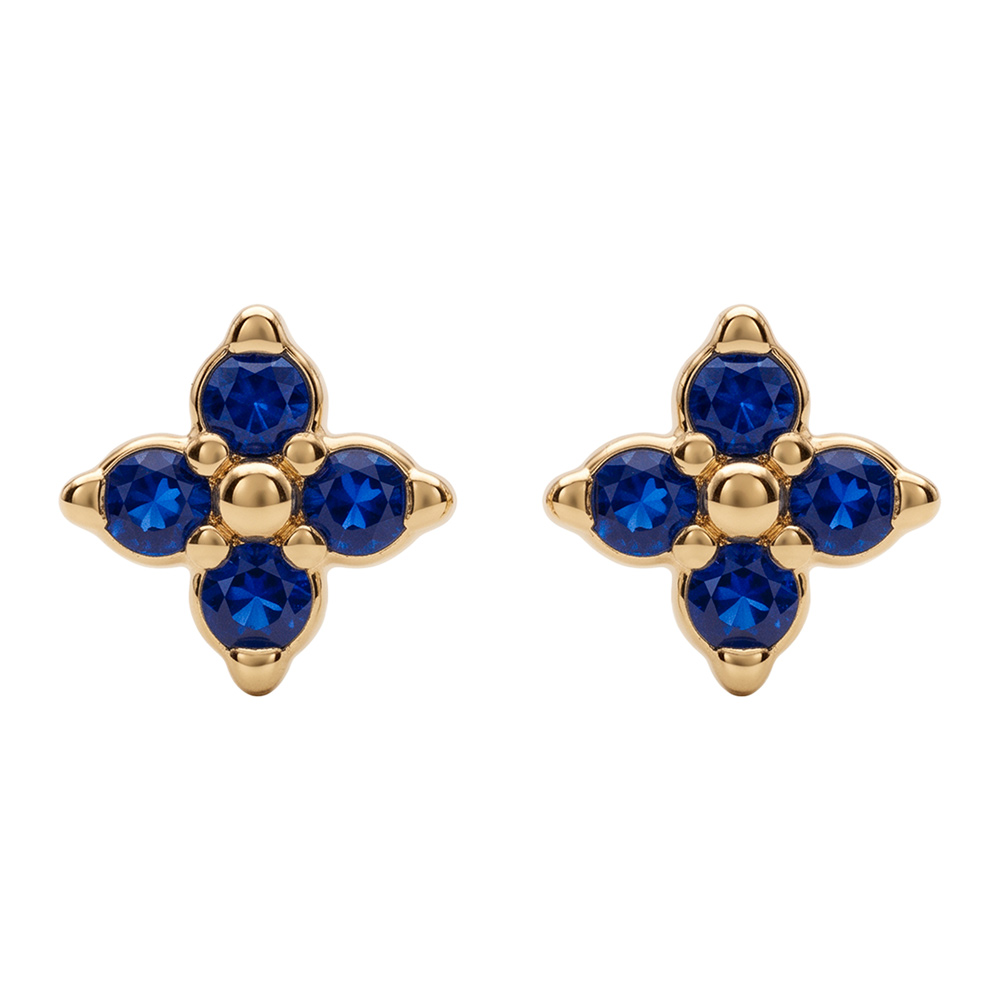Boucles d\'oreille tige en acier dor� fleur quatre oxydes bleus - Vue 1