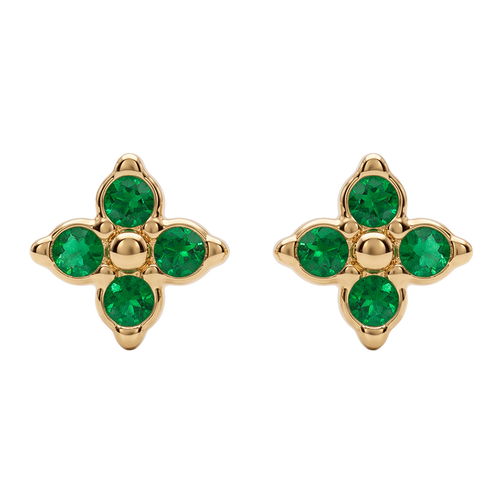 Boucles d\'oreille tige en acier dor� fleur quatre oxydes verts - Vue 1