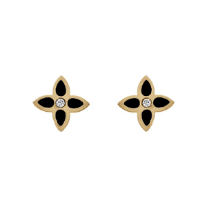 Boucles d\'oreille tige en acier doré fleur résine noire - Vue 1