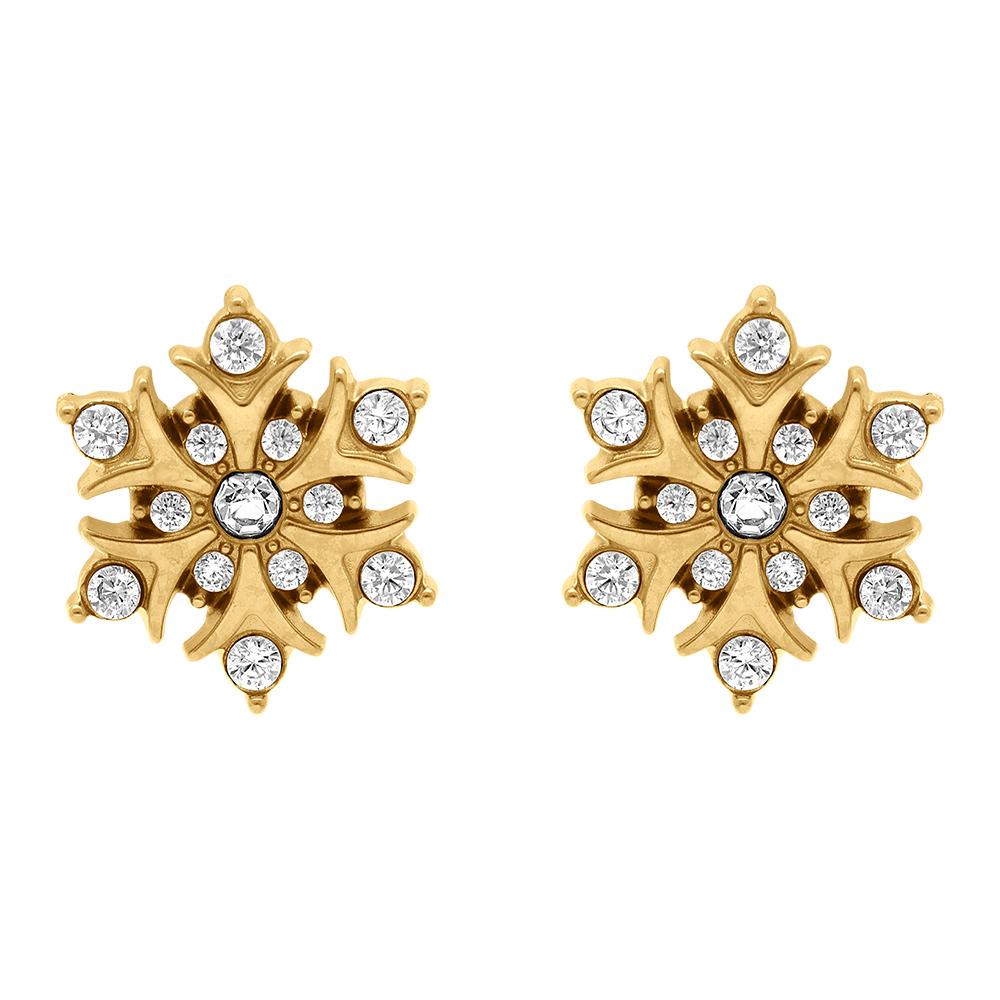 Boucles d\'oreille tige en acier dor� flocon de neige 11mm par� d\'oxyde blancs sertis - Vue 1