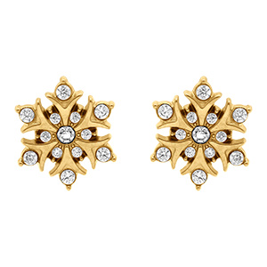 Boucles d'oreille tige en acier dor� flocon de neige 11mm par� d'oxyde blancs sertis