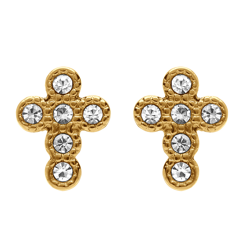 Boucles d\'oreille tige en acier dor� forme croix 13mm avec oxydes blancs sertis - Vue 1