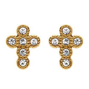 Boucles d'oreille tige en acier dor� forme croix 13mm avec oxydes blancs sertis