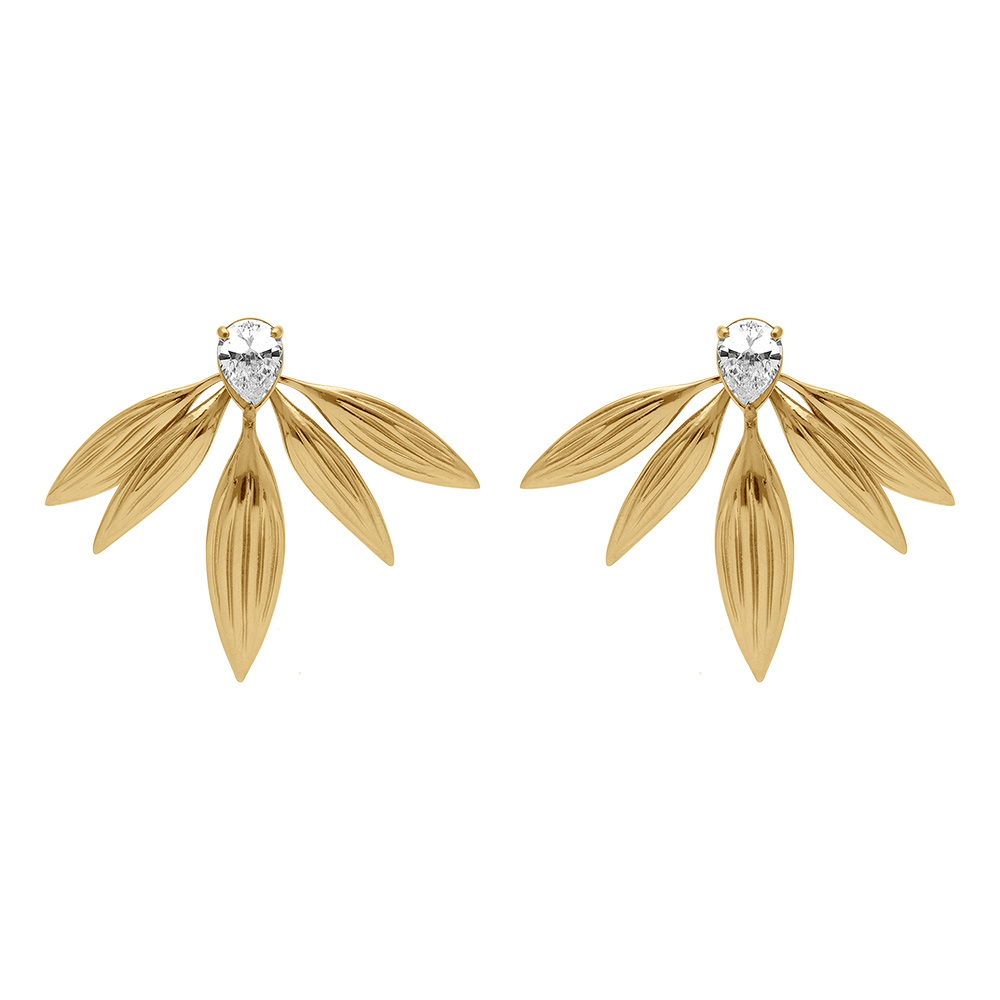 Boucles d\'oreille tige en acier dor forme demi fleur 34x45mm avec un oxyde blanc serti en forme de goutte - Vue 1