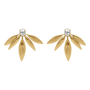 Boucles d'oreille tige en acier dor forme demi fleur 34x45mm avec un oxyde blanc serti en forme de goutte