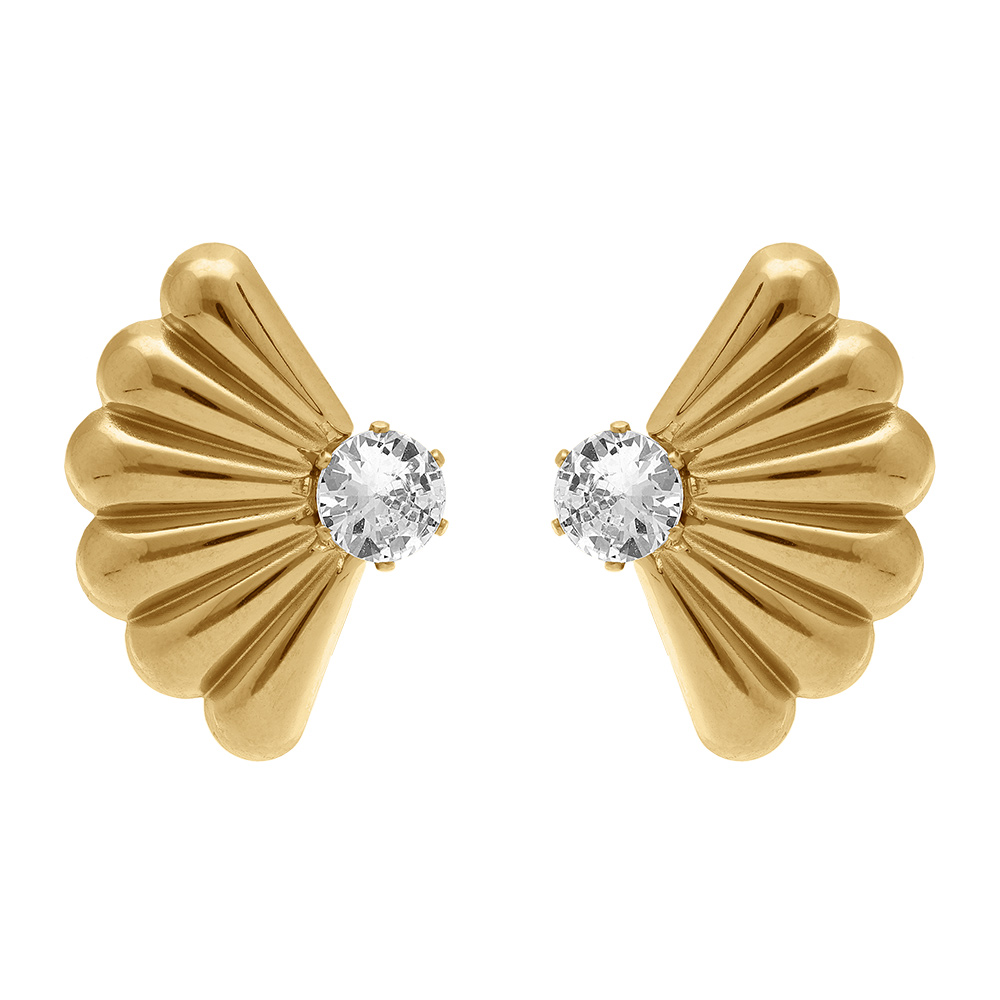 Boucles d\'oreille tige en acier dor� forme eventail avec oxyde blanc - Vue 1