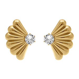 Boucles d'oreille tige en acier dor� forme eventail avec oxyde blanc