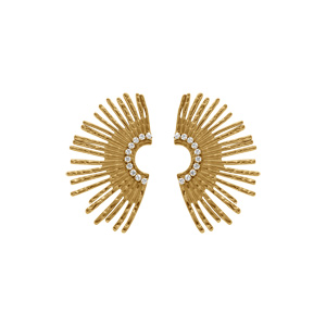 Boucles d\'oreille tige en acier doré forme eventail oxydes blancs - Vue 1