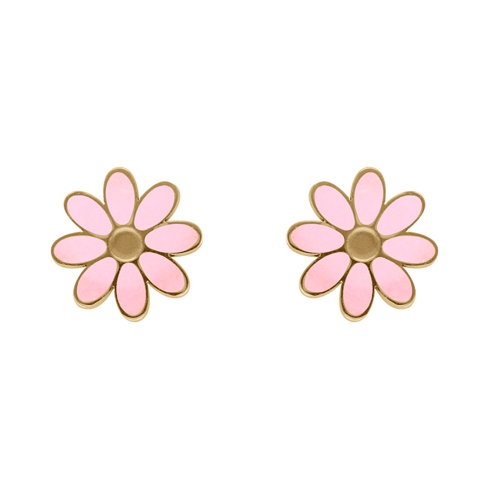 Boucles d\'oreille tige en acier dor� forme fleur r�sine rose nacr� imitation avec coeur et contour dor� - Vue 1
