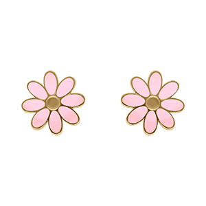 Boucles d'oreille tige en acier dor� forme fleur r�sine rose nacr� imitation avec coeur et contour dor�