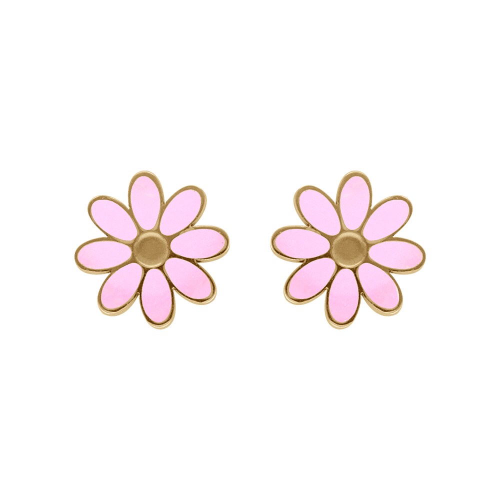 Boucles d\'oreille tige en acier dor� forme fleur r�sine rose nacr� imitation avec c oeur et contour dor� - Vue 1