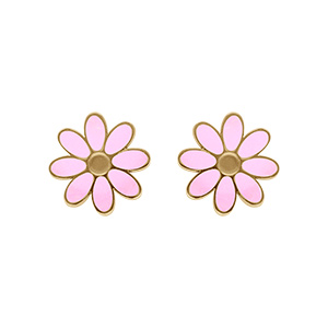Boucles d'oreille tige en acier dor� forme fleur r�sine rose nacr� imitation avec c oeur et contour dor�