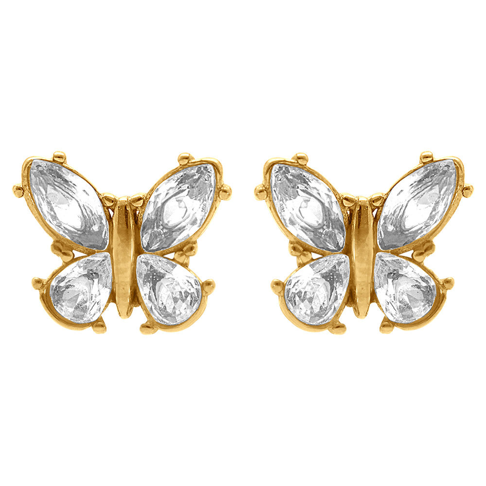 Boucles d\'oreille tige en acier dor� forme papillon avecoxydes blancs sertis - Vue 1