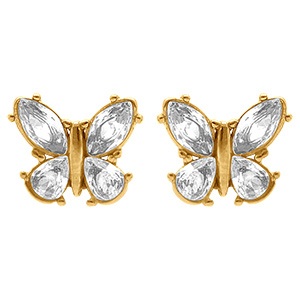 Boucles d'oreille tige en acier dor� forme papillon avecoxydes blancs sertis