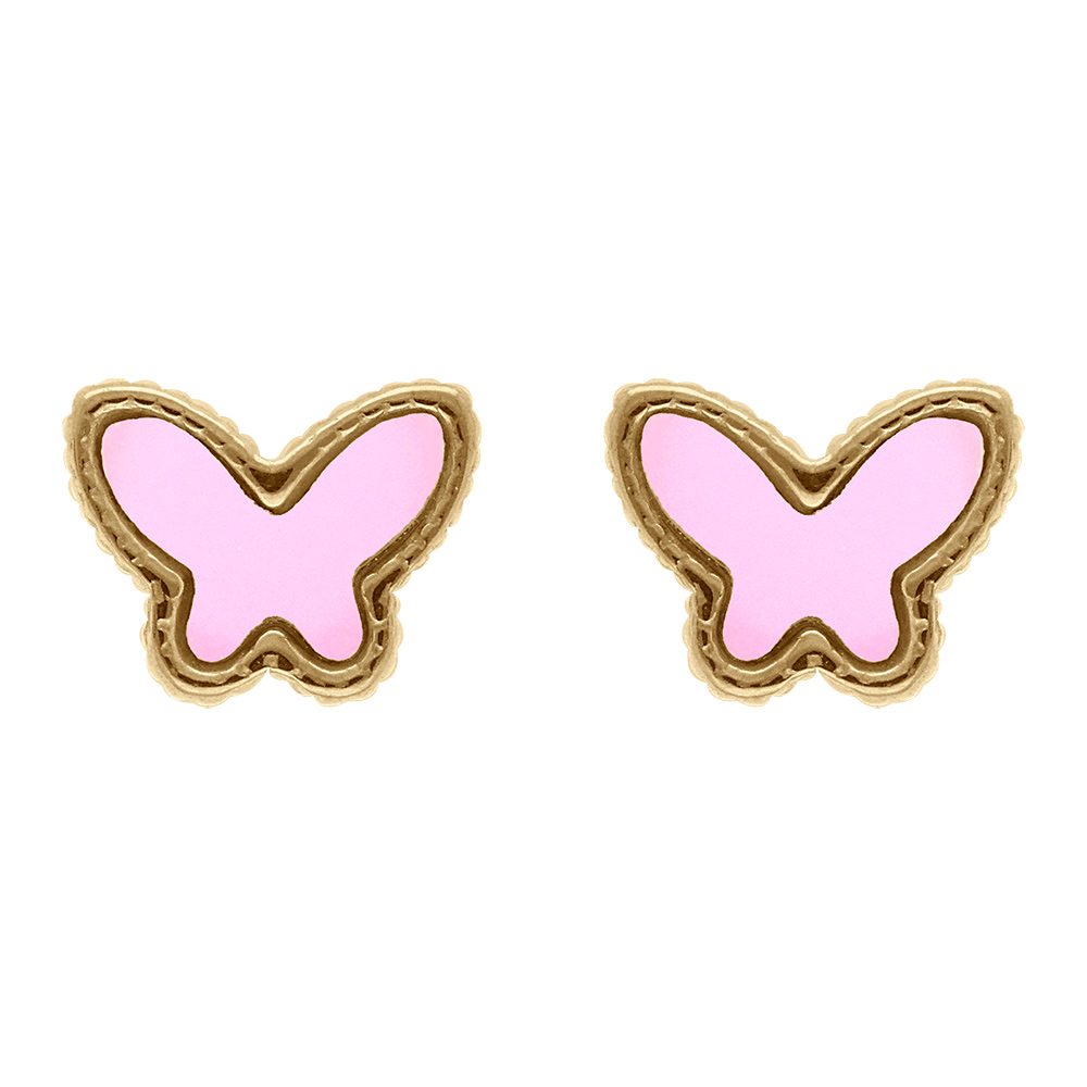 Boucles d\'oreille tige en acier dor� forme papillon nacre rose imitation et contour dor� - Vue 1