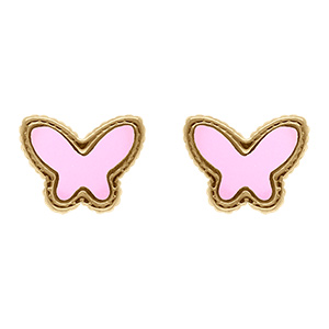 Boucles d'oreille tige en acier dor� forme papillon nacre rose imitation et contour dor�