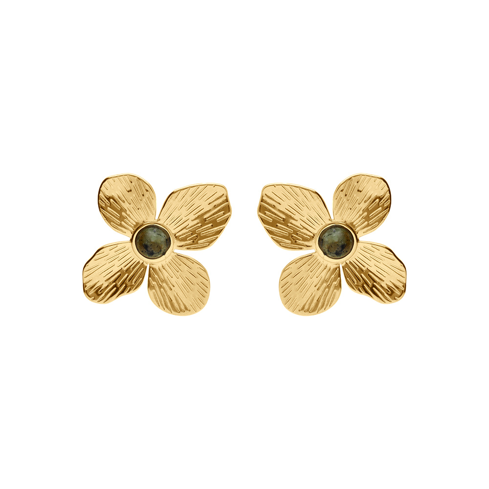 Boucles d\'oreille tige en acier dor� jaune fleur avec au centre turquoise africaine reconstitu�e - Vue 1