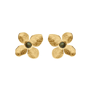 Boucles d\'oreille tige en acier doré jaune fleur avec au centre turquoise africaine reconstituée - Vue 1