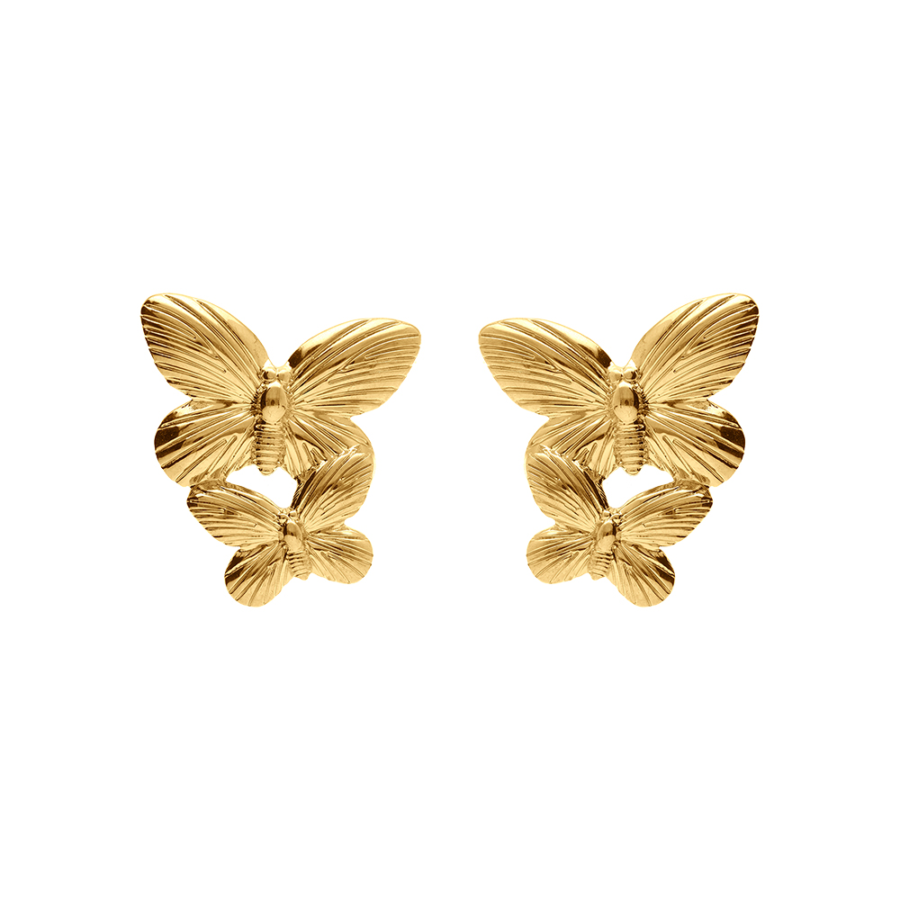 Boucles d\'oreille tige en acier dor� jaune papillon double - Vue 1