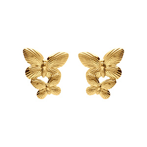 Boucles d\'oreille tige en acier doré jaune papillon double - Vue 1