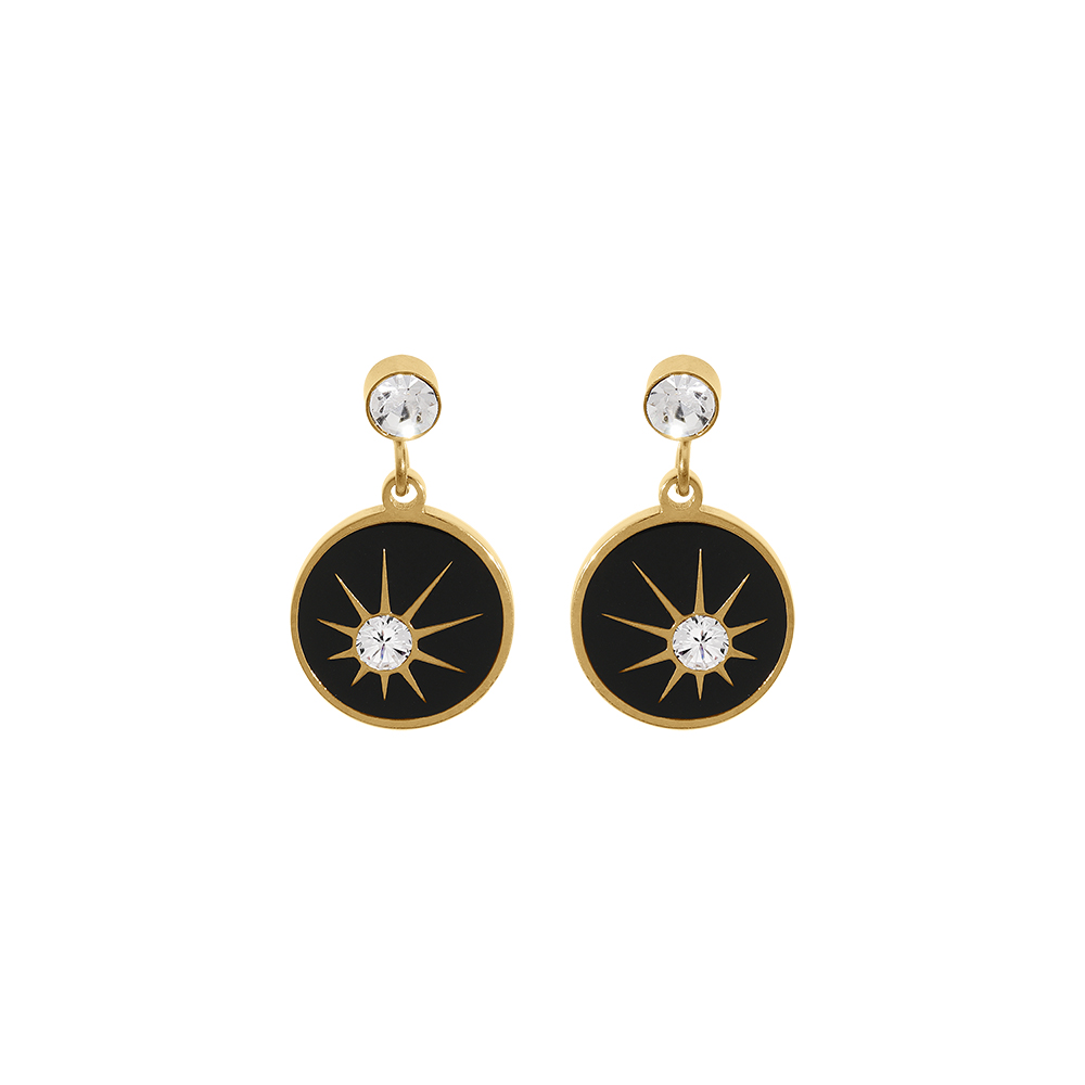 Boucles d\'oreille tige en acier dor jaune,  rondelle en rsine noire et un oxyde blanc etoil - Vue 1