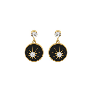 Boucles d\'oreille tige en acier dor jaune,  rondelle en rsine noire et un oxyde blanc etoil - Vue 1