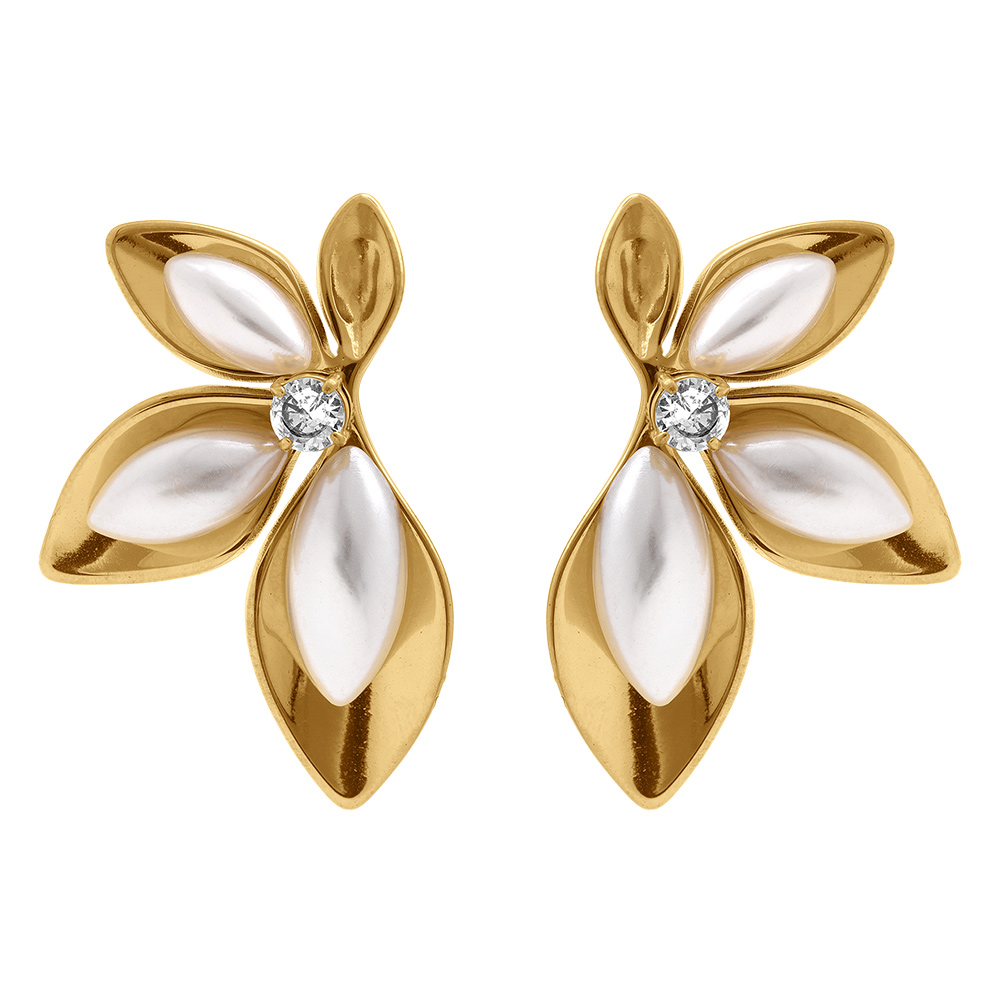 Boucles d\'oreille tige en acier dor� motif feuillage d\'oxyde blanc et r�sine blanche - Vue 1