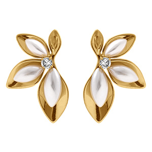 Boucles d'oreille tige en acier dor� motif feuillage d'oxyde blanc et r�sine blanche