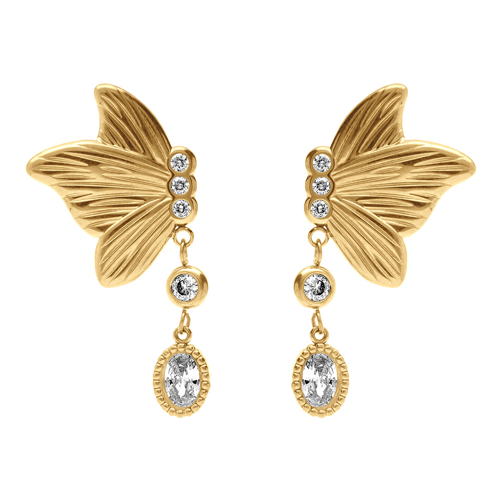 Boucles d\'oreille tige en acier dor� papillon avec oxydes blancs sertis clos - Vue 1