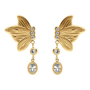 Boucles d'oreille tige en acier dor� papillon avec oxydes blancs sertis clos