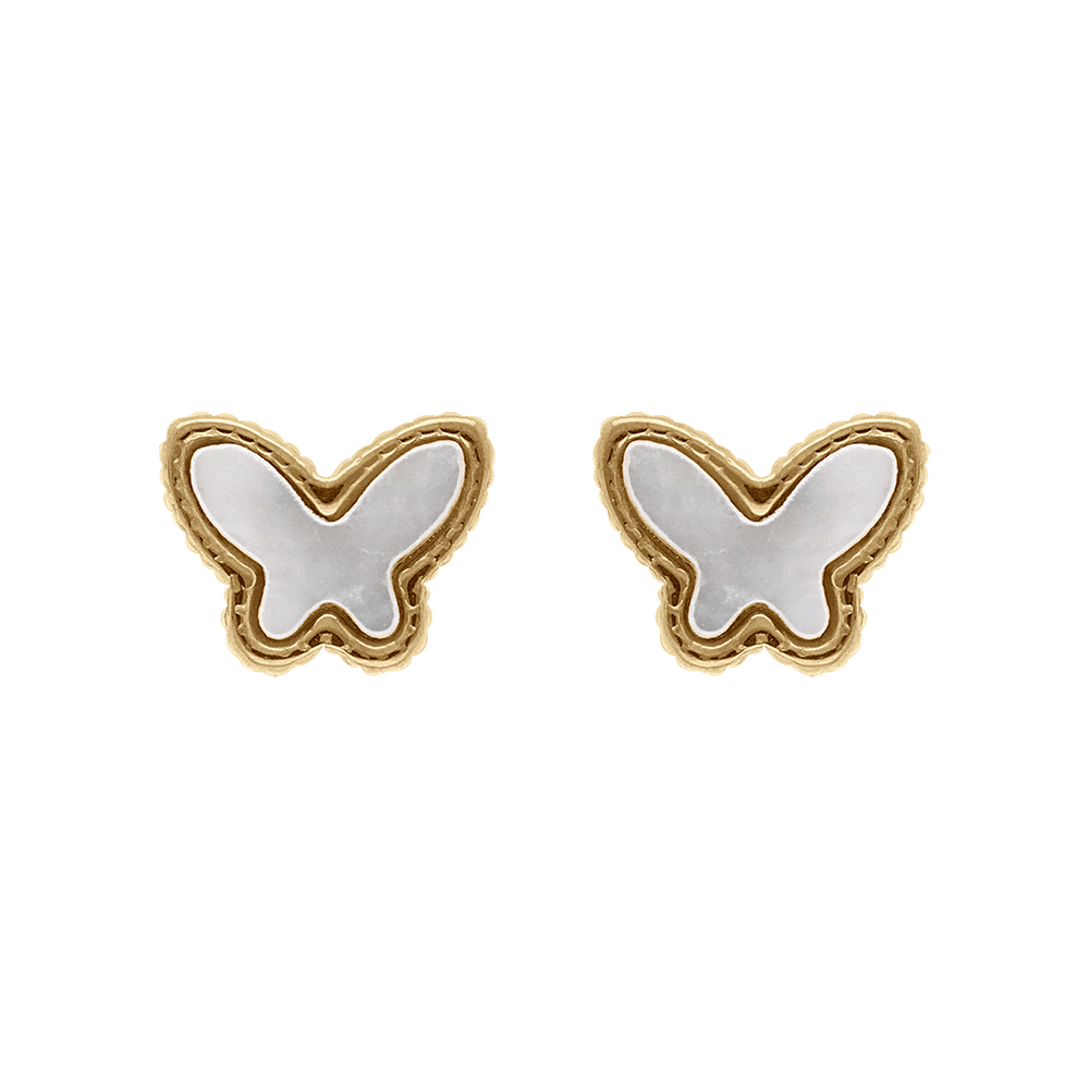 Boucles d\'oreille tige en acier dor� papillon empli de nacre blanche imitation - Vue 1