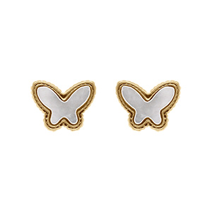 Boucles d'oreille tige en acier dor� papillon empli de nacre blanche imitation