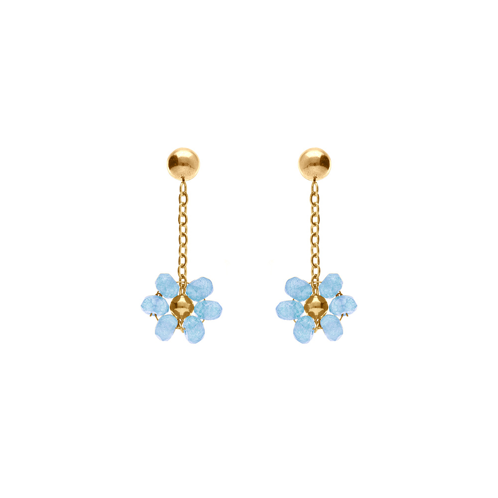 Boucles d\'oreille tige en acier dor� pendante fleurs bleu ciel - Vue 1