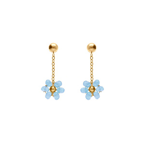 Boucles d\'oreille tige en acier doré pendante fleurs bleu ciel - Vue 1
