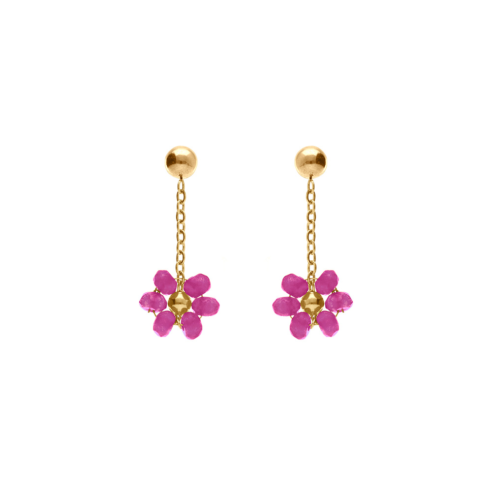 Boucles d\'oreille tige en acier dor pendante fleurs fushia - Vue 1