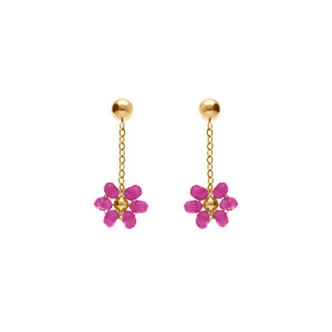 Boucles d\'oreille tige en acier doré pendante fleurs fushia - Vue 1