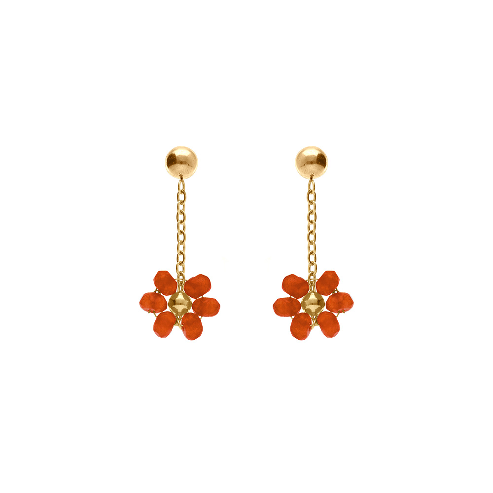 Boucles d\'oreille tige en acier dor� pendante fleurs orange - Vue 1