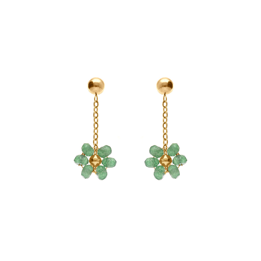 Boucles d\'oreille tige en acier dor� pendante fleurs vert - Vue 1