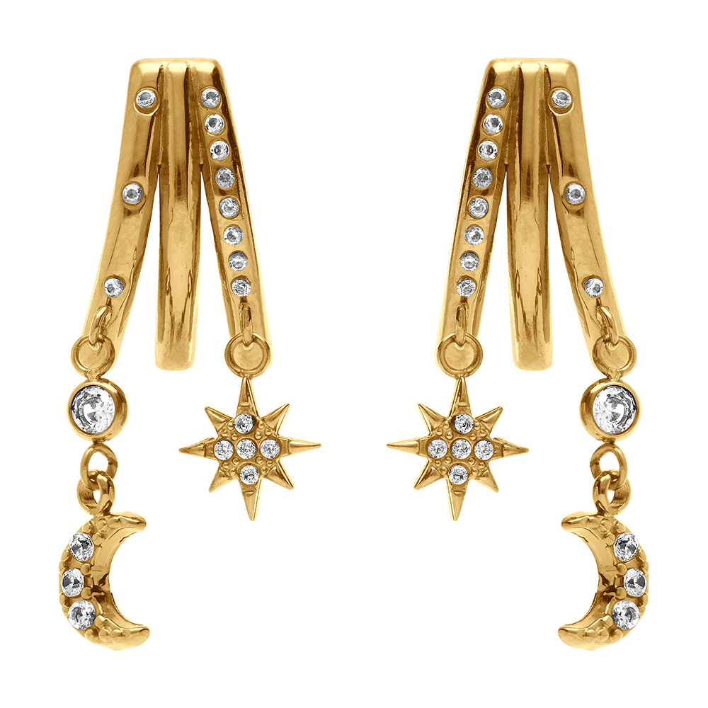 Boucles d\'oreille tige en acier dor� 3 rangs avec etoile et lune orn�es d\'oxydes blancs sertis - 40+5cm - Vue 1