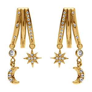 Boucles d'oreille tige en acier dor� 3 rangs avec etoile et lune orn�es d'oxydes blancs sertis - 40+5cm