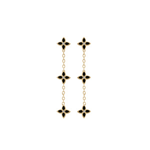 Boucles d\'oreille tige en acier doré trois fleurs résine noire - Vue 1