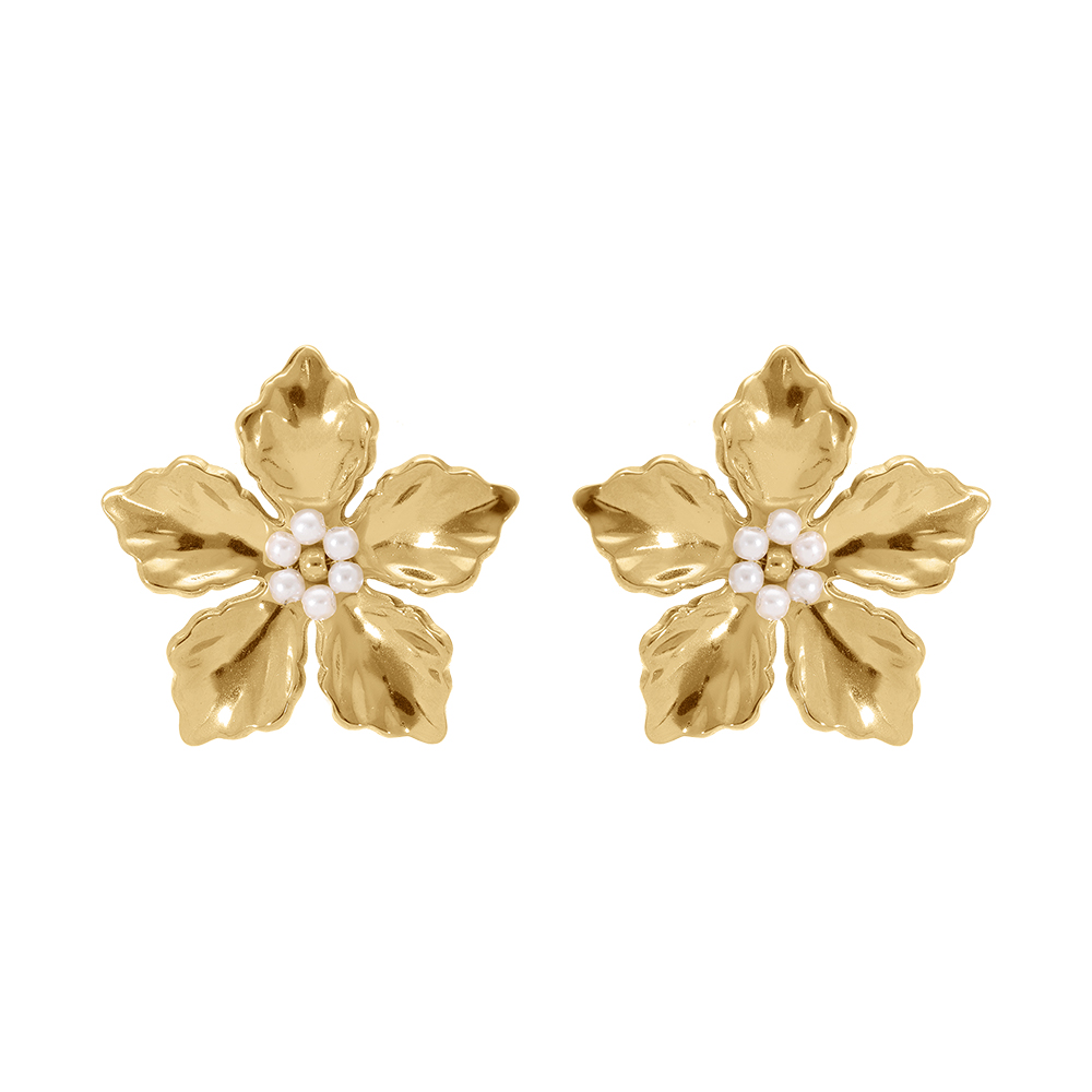 Boucles d\'oreille tige en acier fleur avec coeur de perles blanches imitation - diam�tre 33mm - Vue 1