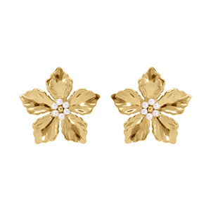 Boucles d'oreille tige en acier fleur avec coeur de perles blanches imitation - diamtre 33mm