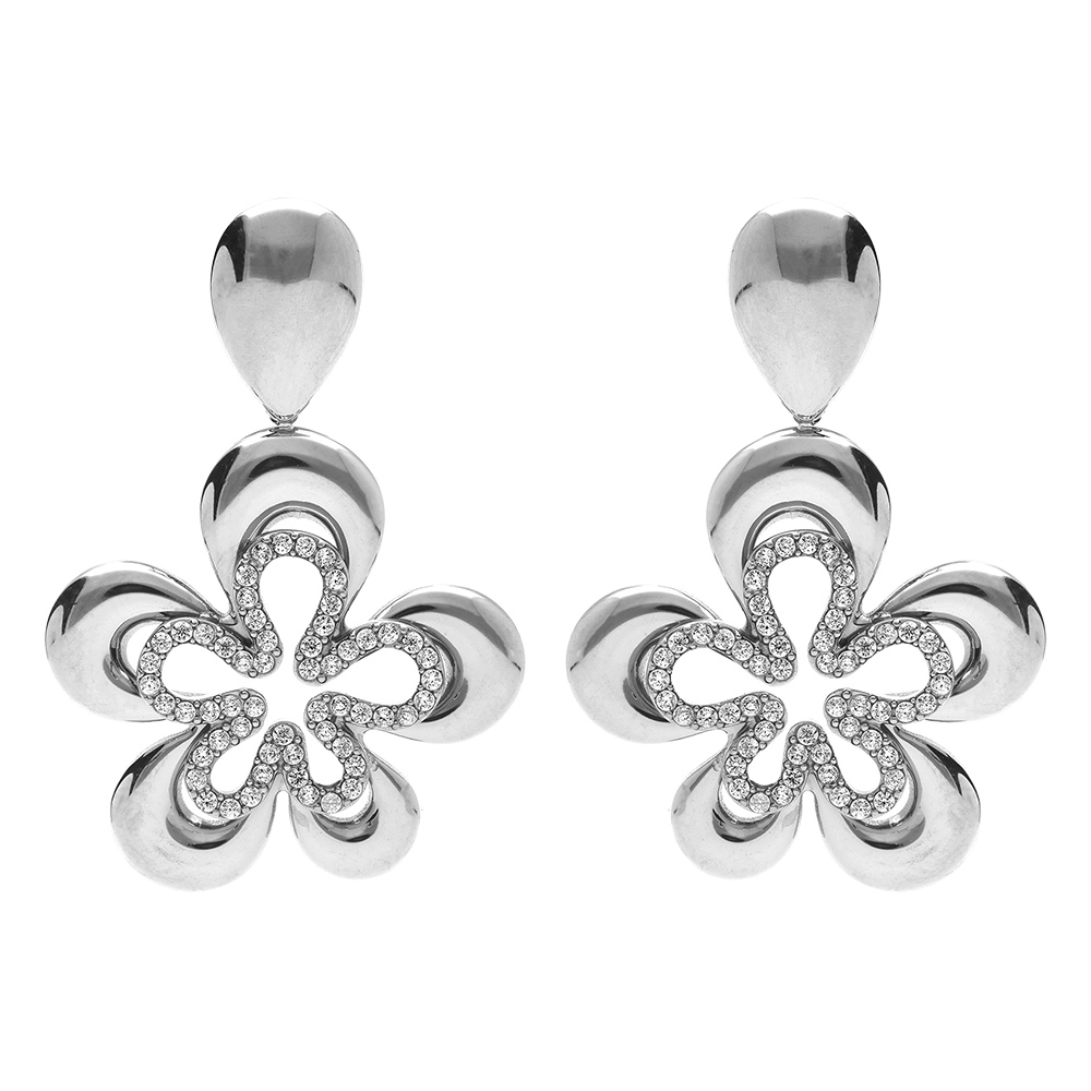 Boucles d\'oreille tige en acier fleur avec oxydes blancs - Vue 1