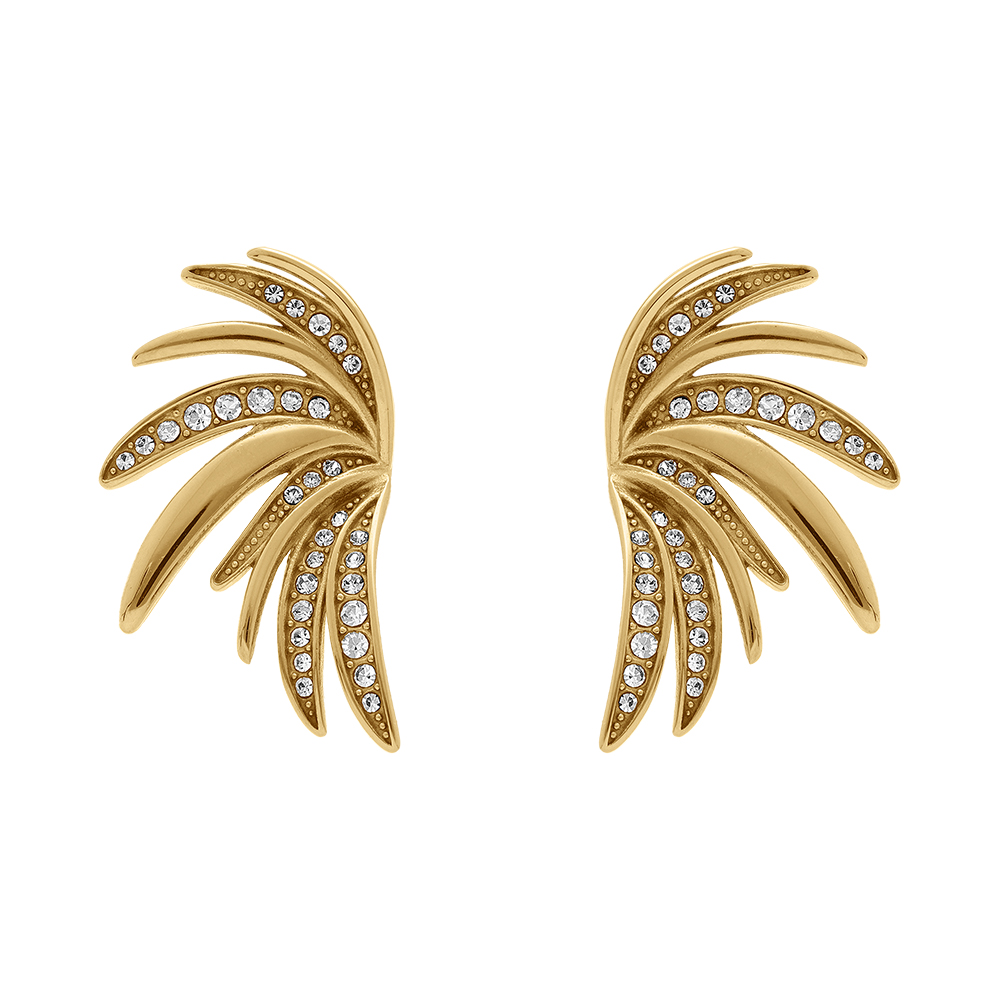 Boucles d\'oreille tige en acier forme �ventail avec oxydes blancs - 32mmX17mm - Vue 1