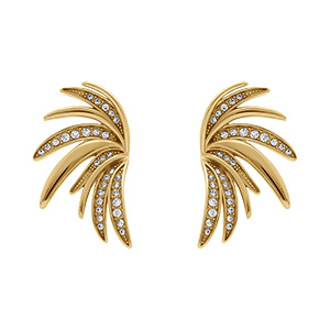 Boucles d'oreille tige en acier forme ventail avec oxydes blancs - 32mmX17mm